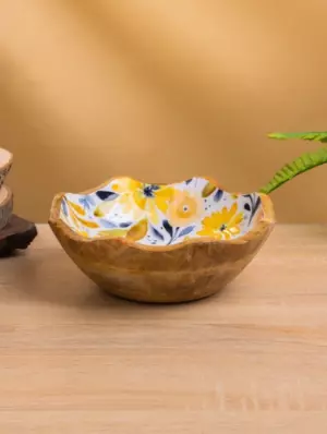 Салатник «Желтые и синие цветы», 20×20×8 см, дерево манго